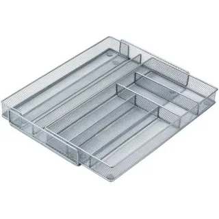 Unyqoos® Ausziehbarer Besteckkasten aus silbernem Stahldrahtgeflecht, flach und verstellbar für organisierte Küchenschubladen - Silber
