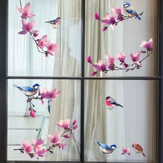 WandSticker4U®- Fensterbilder Frühling selbstklebend MAGNOLIEN in Lila I Fenstersticker Blumen Pflanzen Vögel Fensteraufkleber Kinderzimmer Wohnzimmer Schlafzimmer Bad Küche Fenster Deko