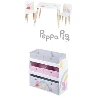 roba Bundle Kindersitzgruppe Peppa Pig - 2 Kinderstühle & 1 Tisch Holz weiß + Spielregal aus Holz Peppa Pig - Spielzeugregal mit 5 Boxen