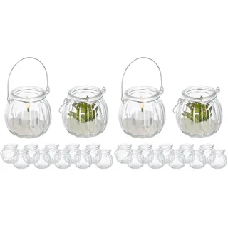 Relaxdays Windlicht Glas, 12er Set, Teelichthalter mit silbernem Henkel, HxD: 7,5 x 8 cm, Kerzenglas, rund, transparent (Packung mit 2)