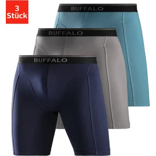 Buffalo Langer Boxer "Boxershorts für Herren" Packung, 3 Stk. in langer Form ideal auch für Sport und Trekking, aquablau, grau, navy