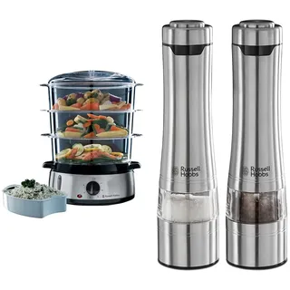 Bundle Set: Russell Hobbs Dampfgarer [normale Größe] 9,0l 19270-56 + Salz und Pfeffer Mühle elektrisch [2er Set] Edelstahl 23460-56