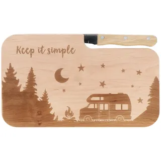 Spruchreif | Brotzeitbrett mit Messer "Keep it simple" – Graviertes Holzbrett mit Camper-Motiv | Geschenkidee für Minimalisten, Campingfreunde & Outdoor-Fans