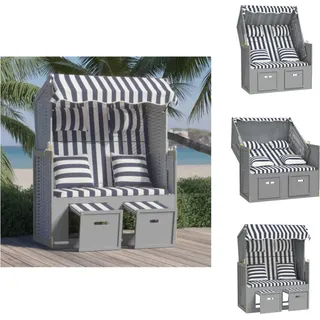 vidaXL Strandkorb mit Kissen Poly Rattan und Massivholz Blau & Weiß - Sonnenliegen - Blau