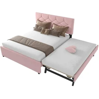 Flieks Polsterbett 140x200cm Rosa Samt Rollcontainer Minimalistisch , Pink , Holz , 140x200 cm , Schlafzimmer, Betten, Polsterbetten