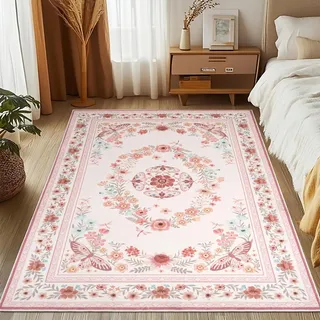 MOSISO Teppich Wohnzimmer Blumenmuster 152 x 213 cm, Kurzflor Teppich Vintage, Waschbarer Teppich, Teppiche rutschfest, Carpet Schlafzimmer Groß für Büro Esszimmer Kinderzimmer Wohnzimmer, Rosa