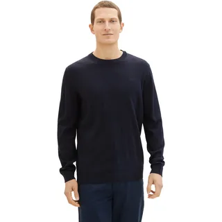 Rundhalspullover TOM TAILOR, Herren, Gr. L, blau (navy melange), Strick, Obermaterial: 100% Baumwolle, regular fit hüftbedeckend, Rundhals, Bündchen, Pullover Rundhalspullover, mit Logostickerei