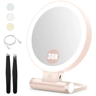 B Beauty Planet Kosmetikspiegel mit Beleuchtung, 30 fache/1-fach Doppelseitige Tischspiegel,3 Farblichter, DimmbarerSchminkspiegel,Reisen Kosmetik Spiegel mit Beleuchtung