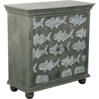 Marrakesch Kommode Bouchra aus Massivholz Grau 90cm | Handgefertigt im Boho Vintage Stil mit geschnitzten Fischmotiven | Holz Anrichte Schrank Wohnzimmer Flur Esszimmer | Shabby Chic Möbel Unikat - Grau