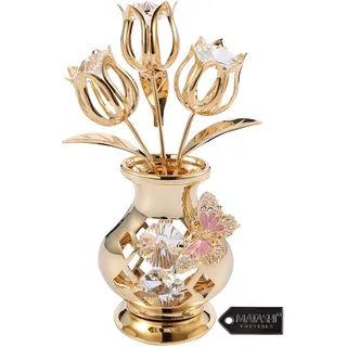 Tulpen in Einer Vase, wunderschön gearbeitet, Tisch-Dekoration, getaucht in 24 K Goldlegierung, mit echten Matashi Kristallen, Vinyl, Clear Crystal, Butterfly