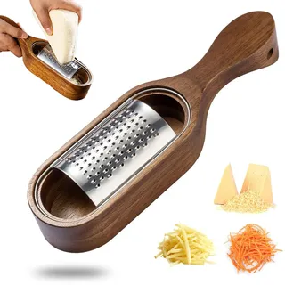 Parmesanreibe Mit Behälter, Edelstahl Käsereibe mit Holzgriff Shredder Zester Reibe Box, Käse Reibe - Käsehobel Mit Behälter, Flache Handreibe für Käse, Schokolade, Gewürze, Ingwer (braun-1)