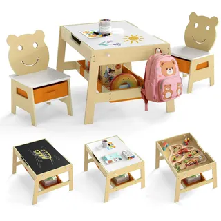 FANTASK Kindertisch mit 2 Bärenstühlen, 5-in-1 Maltisch mit Wendetafel & Whiteboard, Kindersitzgruppe mit 4 Haken & Stoffbehältern, für Kinder ab 3 Jahren, 70 x 60,5 x 45 cm (Natur)