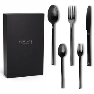 FORK YOU Besteckset Schwarz Matt (20-teilig) für 4 Personen – inkl. Kuchengabeln – Edelstahl 18/10, rostfrei & spülmaschinenfest, hochwertig verpackt, Geschenkidee