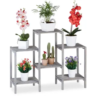 Relaxdays Blumentreppe Holz, Shabby Chic, Innenbereich, Wohnzimmer, Pflanzenregal, 6 Ablagen, HBT 70 x 89 x 27 cm, grau