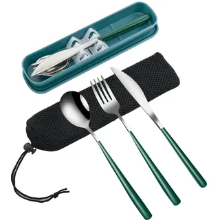 VANRA 3 Stück tragbares Reisebesteck Set mit Koffer 18/8 Edelstahl Besteck Set Wiederverwendbares Besteck Set mit Gabel Löffel Messer für Mittagessen Reisen Camping Schule Arbeit Picknick (Tiefgrün)