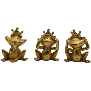 Dekohelden24 Deko-Frösche im 3er Set - Nicht sehen, Nicht hören, Nicht sprechen, aus Polyresin, Froschkönig in Gold, Größe: L/B/H 3 x 6 x 8 cm