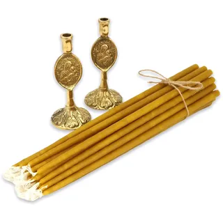 Set mit 2 Kerzenhaltern aus Messing im Theotokos-Design und 20 Kirchenkerzen aus reinem Bienenwachs, orthodoxe Spitzen, Hausaltar