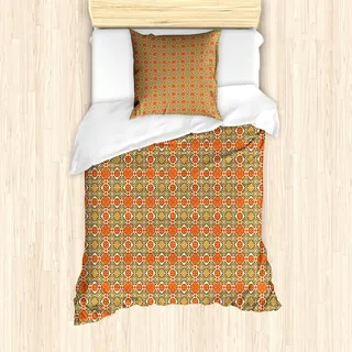 ABAKUHAUS marokkanisch Mantele, Vintage orientalische Fliese, Milbensicher Allergiker geeignet mit Kissenbezügen, 135 cm x 200 cm - 80 x 80 cm, Orange Maroon Smaragd - Orange