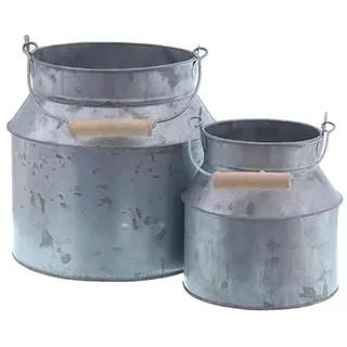 Spetebo Zink Deko Milchkanne 2er Set - 18/13 cm - 2 Stück Blumeneimer mit Henkel und Holzgriff - Pflanzen Kräuter Blumen Topf für Garten Balkon und Terrasse