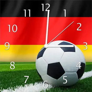 Wallario Design Wanduhr Fußball vor einer Deutschlandflagge aus Echtglas, Größe 30 x 30 cm - Schwarz