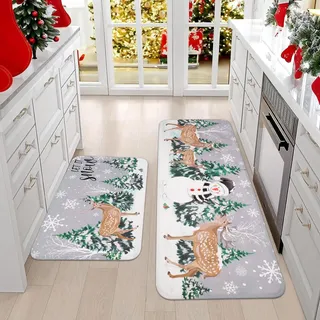 Alishomtll Weihnachtsteppich Läufer 2 Stück, rutschfest Waschbar Weihnachts Küchenteppich, Anti-Müdigkeit Schneemann Kurzflor Küchenläufer für Küche Esszimmer Haus Flur (44x76+44x120cm, Grau)
