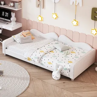 MODFU Schlafsofa Kinderbett 90x200cm mit Lattenrost, Holzbett Tagesbett Daybett Jugendbett Gästebett mit Rückenlehne und Armlehnen, Teddystoff Weiß(Ohne Matratze) - Weiß