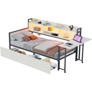 Wishdor Schlafsofa 90/200 cm in Weiß mit 2 Schubladen, LED und Usb , Holzwerkstoff, Metall , Rechteckig , 90x200 cm , Schlafzimmer, Betten, Metallbetten