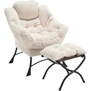 Sessel Flanell Armlehnstuhl Ohrensessel mit 1 Fußhocker, 1 Seitentasche, Relaxsessel mit Hocker, Der Polstersessel mit Stahlgestelle - Weiß