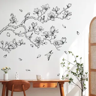 Supzone Wandtattoo Blumen Baum Schwarze Wandaufkleber Magnolie Pflanze Vögel Wandsticker Wohnzimmer Schlafzimmer Sofa Hintergrund Wanddeko