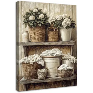 Dazzlewall Vintage Bauernhaus Wandkunst Dekor, Rustikale Floral Gewebte Korb Kunstwerk Druck für Wäsche Badezimmer Retro Botanisches Badezimmer Wanddekoration, 12x16 zoll Mit Rahmen
