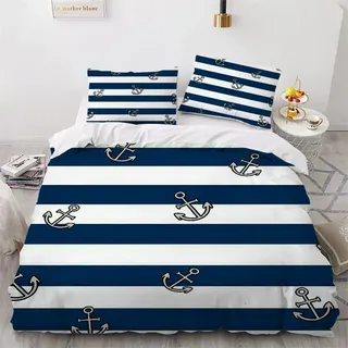 WQIZXCW Anker Bettwäsche 135x200 2er Set, Maritime Gestreift Microfaser Bettbezug - Weich & Angenehm & Atmungsaktiv, 1 Bettbezüge mit Reißverschluss + 1 Kissenbezug 80x80 cm