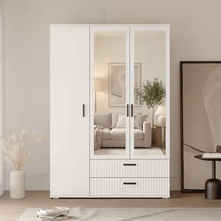 Kleiderschrank OTTO HOME "KOLLINE, modern mit viel Stauraum & geriffelter Struktur", weiß, B:125cm H:185cm T:52cm, FSC-zertifizierter Holzwerkstoff, Hartfaserplatte, Kunststoff, MDF, Schränke, Kleiderschrank, Garderobe 4 Fächer, Kleiderstange, 2 Schubladen, 2 Spiegel