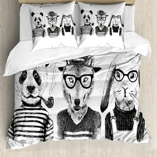 ABAKUHAUS Tier Bettbezug, Hipster Panda Zigarre Fox, Milbensicher Allergiker geeignet mit Kissenbezügen, 200 cm x 200 cm - 80 x 80 cm, Schwarz, Grau, Weiß