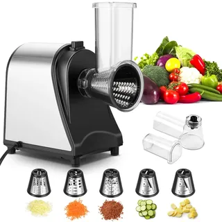 COOCHEER Elektrischer Gemüseschneider Edelstahl Gemüsehobel, 250W Multi Küchenreibe Zerkleinerer Gemüseraspe mit 5 Schneidetrommeln, Silber / Schwarz
