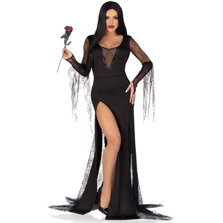 LEG AVENUE Spooky Beauty, features backless deep-v dress with sequin trim and ruched back, spiderweb gauntlet sleeves, and high slit tentacle skirt