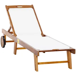 Outsunny Sonnenliege Relaxliege Gartenliege verstellbar Holz Textil Natur+Weiß , 55x88.5x198 cm , Gartenmöbel, Gartenliegen