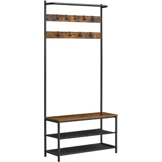 VASAGLE Garderobenständer, Garderobe mit Schuhbank, Kleiderständer, Kleiderstange, 9 abnehmbare Haken, 32,2 x 84 x 180 cm, Industrie-Stil, für Flur Schlafzimmer, vintagebraun-schwarz HSR421B01