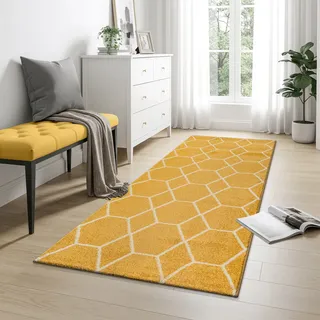 Teppich SANAT "Trellis", gelb, B:80cm H:10mm L:200cm, Kunstfaser, Teppiche, Teppich, Kurzflor, skandi, boho, auch als Läufer und in rund