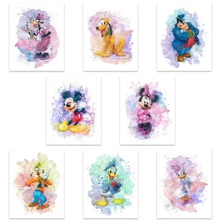 HerZii Mickey Mouse Aquarelldrucke – ungerahmtes Set mit 8 (20,3 x 25,4 cm) Mickey Mouse Wandkunst-Dekor – Minnie Mouse Raumdekor – Donald Ducks Daisy Duck Goofy Pluto Decor Poster