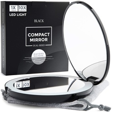 Mavoro Taschenspiegel mit LED Licht, 1X / 10X Vergrößerung - Schminkspiegel Kompakt, Große 12,5cm Kosmetikspiegel, Reisespiegel für Kosmetik (Schwarz)