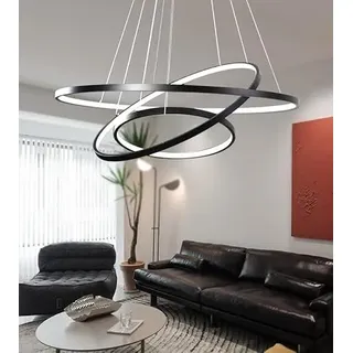Qiaomao Hängelampe LED-Deckenleuchte Schwarz Dimmbar mit Fernbedienung 76W, Moderne 3 Ring Pendelleuchte Höhenverstellbar Wohnzimmerlampe, Esstisch, Esszimmer, Schlafzimmer Kronleuchter, 20+40+60cm