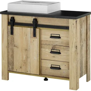 Home Affaire Waschtisch »SHERWOOD, Waschbeckenunterschrank inkl. Waschbecken« 1 Stk. tlg. in 2 Farben verfügbar, Scheunentorbeschlag & Apothekergriff aus Metall, braun