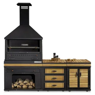 Elegante schwarze Außenküche aus Holz und Edelstahl