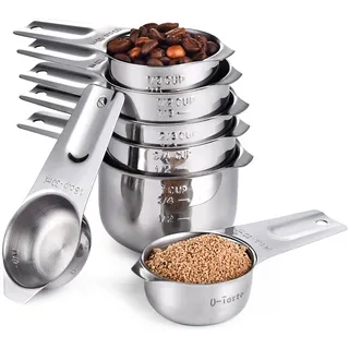 U-Taste Messbecher und Löffel mit Waage, 18/8 Edelstahl, 7 Stück, Silber | Breiter Griff zum Backen Kochen Küche für Trockene und Flüssige Zutaten, 30ml 60ml 80ml 120ml 160ml 180ml 240ml
