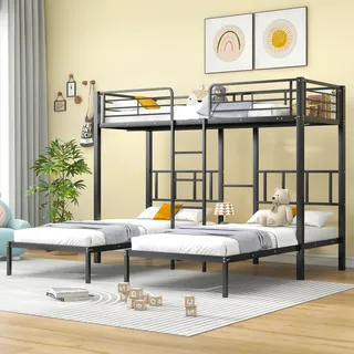 Merax Etagenbett 90x200cm mit Rausfallschutz und Tisch, Hochbett mit Lattenrost, Leiter und Ablage, Metallbett Kinderbett Jugendbett Stockbett für 3 Kinder, Schwarz - Schwarz