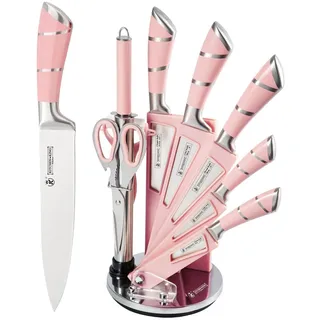 Justup 9-tlg Messerset mit Drehbare Acryl Messerblock, Rosa Sharp Antihaft Beschichtete Kochmesser Block Set,Edelstahl Messer Set für Küche mit Schärfer zum Schneiden Schneiden Würfeln Hacken (Rosa)