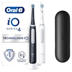 Oral-B iO 4 Doppelpack Elektrische Zahnbürste, Weiß und Schwarz, mit 2 Bürstenköpfen und 1 Reiseetui, entworfen von Braun