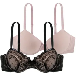 DORINA Damen Chloe 2er-Pack Demi-BH Set – Leicht Gepolsterte Bügel-BHs mit Floraler Spitze und Weichem Mikrogewebe, Verstellbare Träger, Schwarz und Rosa