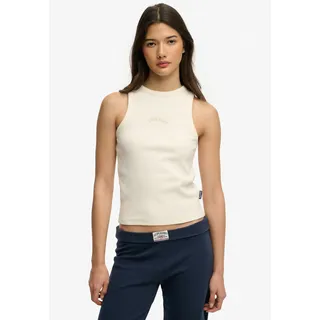 Tanktop SUPERDRY "ESSENTIAL LOGO RACER VEST", Damen, Gr. XL, beige (desert bone sanftes weiß), Jersey, Obermaterial: 100% Baumwolle, unifarben, regular fit normal, Rundhals, Tops Tanktop, aus Baumwolle, Regular Fit, mit Rundhalsausschnitt, ärmelloses Design
