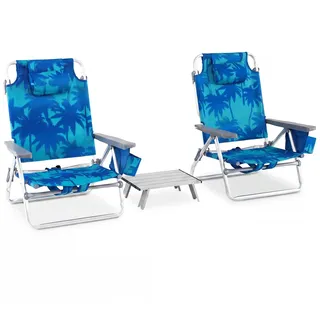 COSTWAY 2er Set Strandstühle mit Tisch, klappbare Campingstühle mit Verstellbarer Rückenlehne, Kopfstütze, 2 Getränkhalter, Aufbewahrungstasche & Schultergurten, Klappstühle leicht